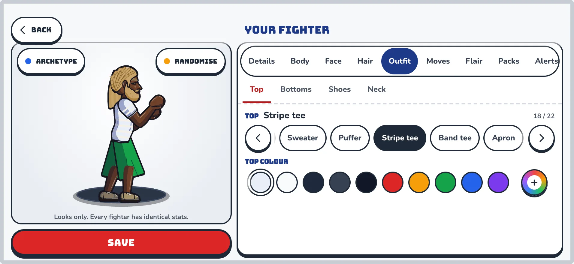 The employee profile editor: a side-profile cartoon fighter beside tabs for details, body, face, hair, outfit, moves, flair and packs