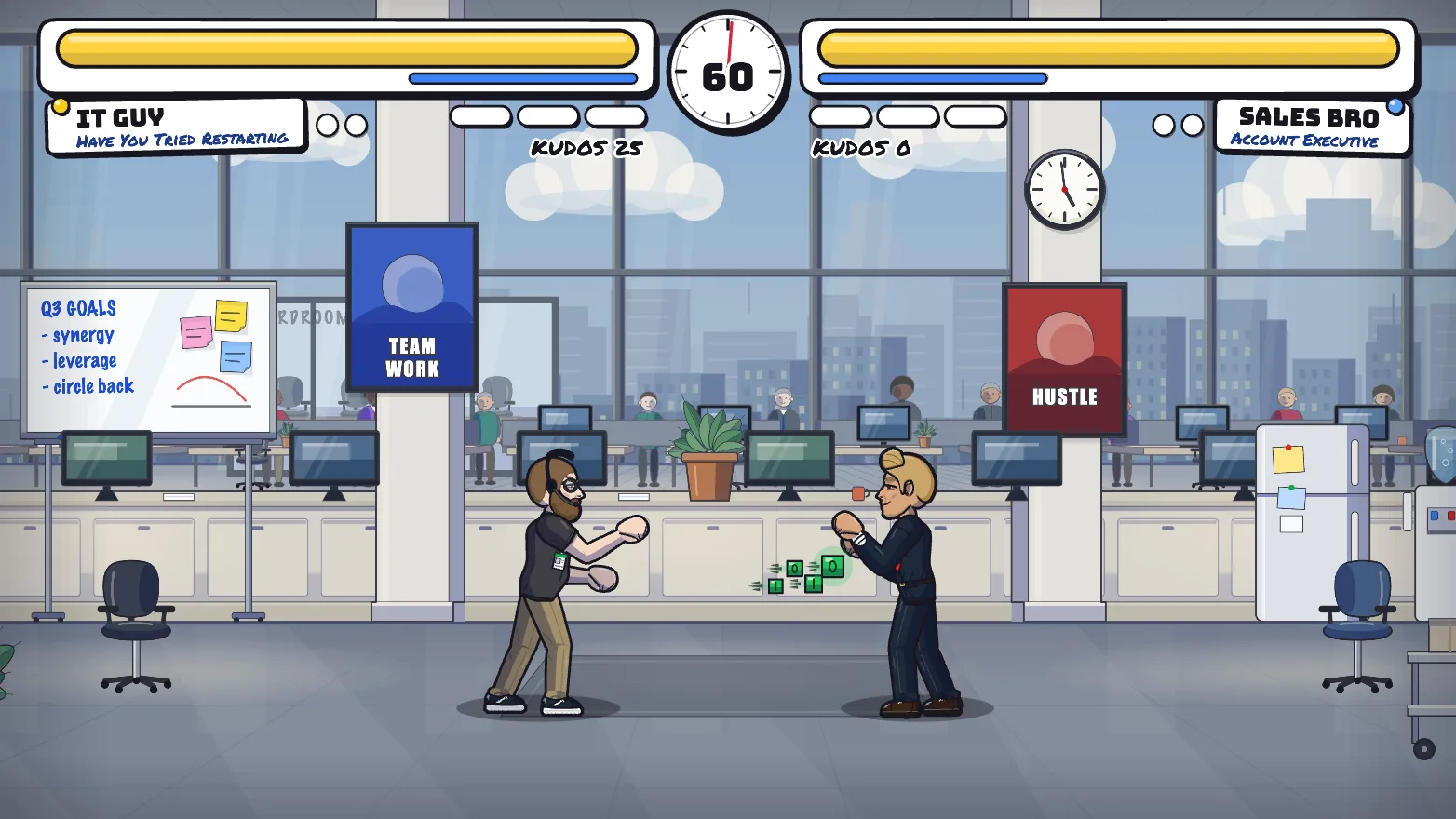 IT Guy fires a stream of green Ping Flood data cubes across an open-plan office at Sales Bro