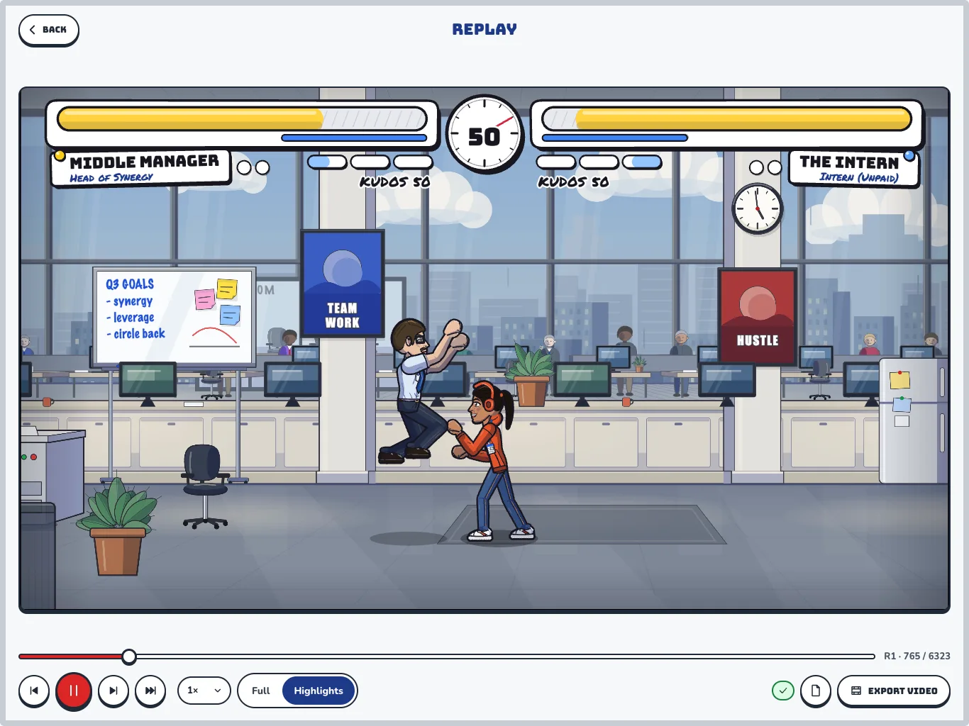 The replay viewer in Highlights mode with a Verified badge, frame-step controls and an Export video button, showing a mid-fight grab